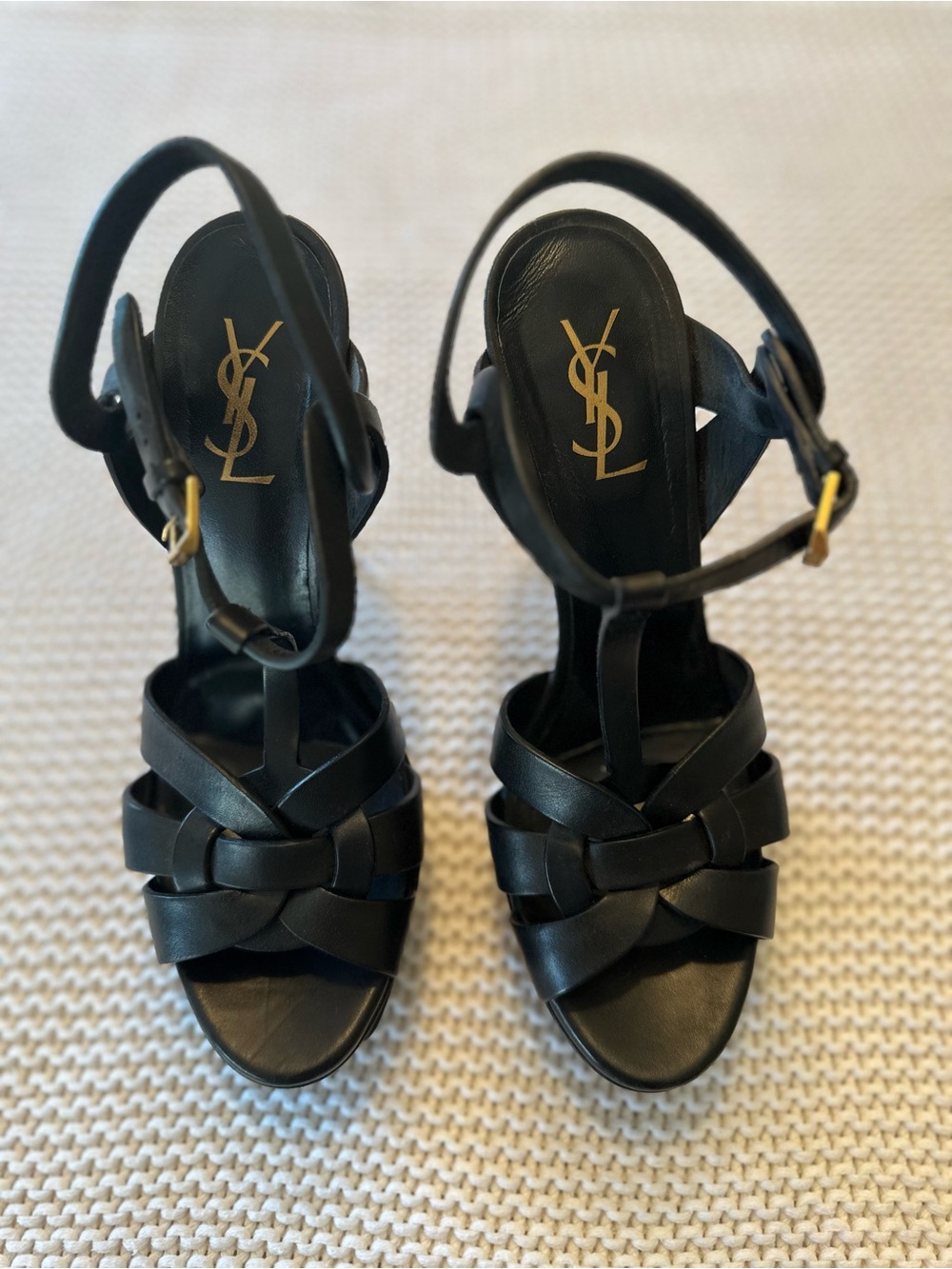 Saint Laurent Black Leather Woven T-Strap Sandals with Gold Accents